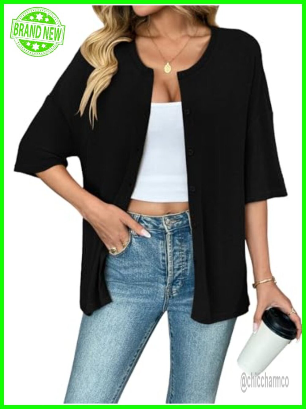 Women Oversized Knit Cardigan Short Sleeve Button Down Summer Top